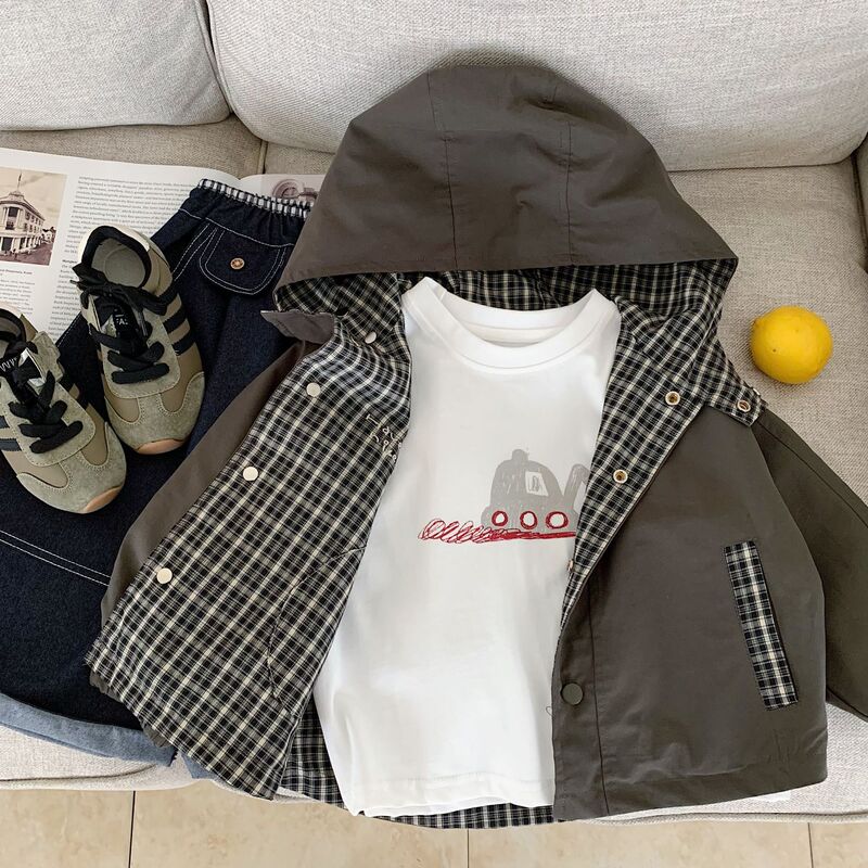 Children's Hooded Jacket Spring and Autumn 2026 New Style Boys and Girls Windbreaker Cardigan Korean Style Baby Plaid Jacket Trendy