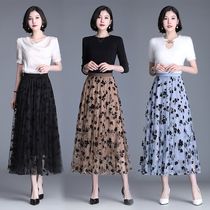 Black gauze dress womens skirt long skirt fat mm summer dress summer new big dress skirt mesh gauze floral pleated skirt