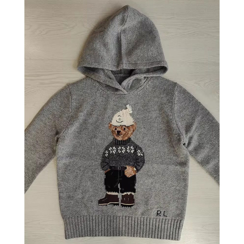Heavy Craftsmanship! Autumn and Winter Women's Cartoon Bear Hand-Embroidered Jacquard Wool and Cashmere Blend Hooded Knit Sweater