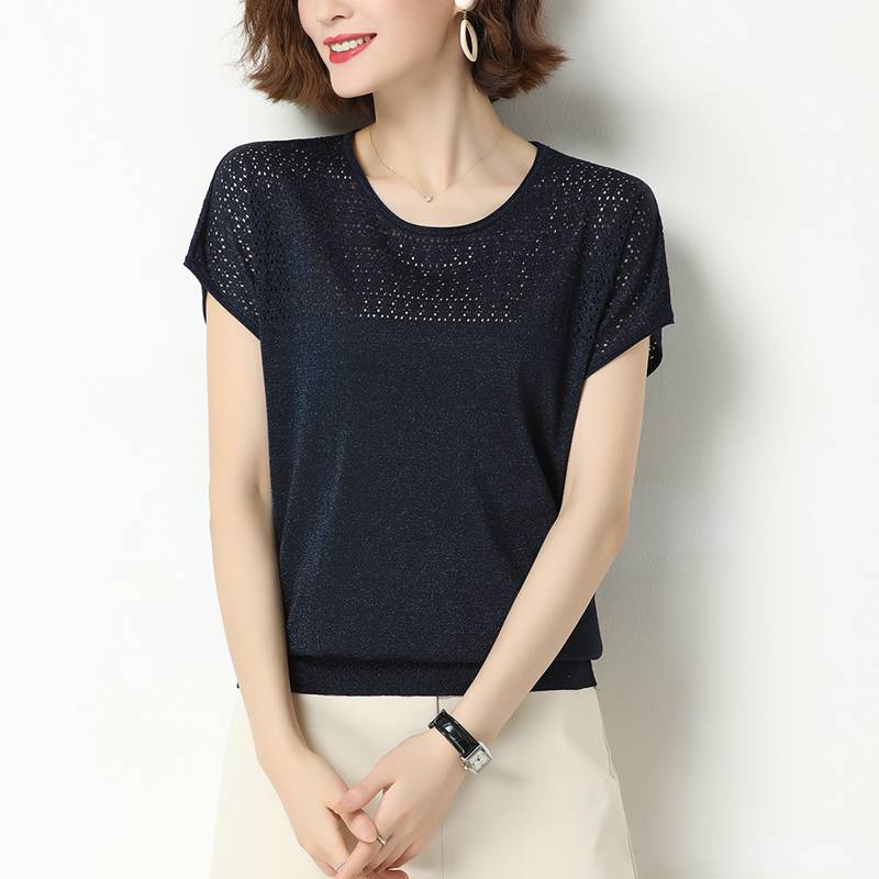 Ngắn tay áo thun nữ ngắn cắt băng lụa knitsweater mùa hè 2020 mới sáng lụa T 桖 loose-fitting đầu mỏng