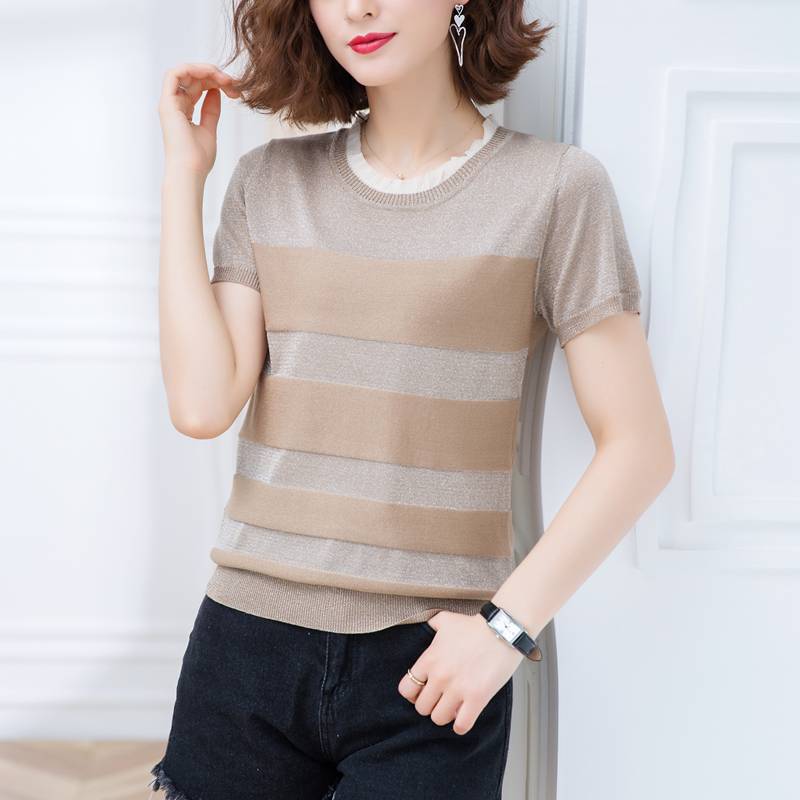 Ice-lụa ngắn thời trang mini-áo mùa hè mỏng ren quanh cổ phụ nữ knitsweater với váy kiểu sưng lên đầu