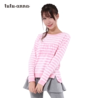 Tutuanna nhà phục vụ phụ nữ áo thun dài tay mùa thu sọc cotton đồ ngủ ngọn đồ lót ibasic