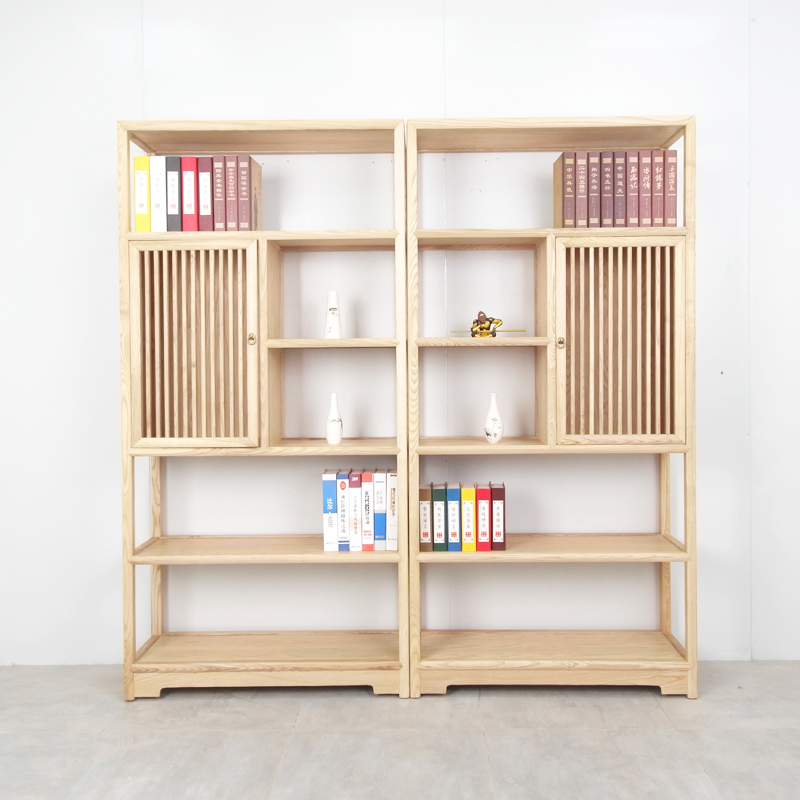 New Chinese bookshelf white wax wood lacquer-free cookcase tea rack modern simple Zen bookcase shelf
