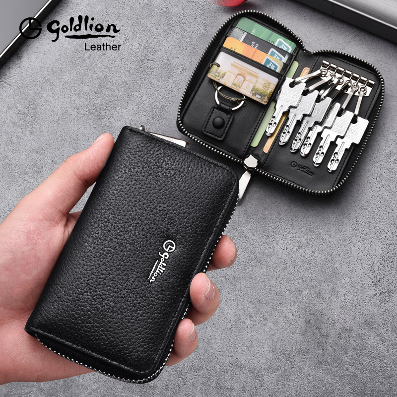 Goldlion Key Wallet for Men, Genuine Leather Multifunctional Cowhide Car Zipper Coin Purse Keychain Casual Men's Card Holder Trendy