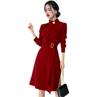 Autumn and winter women's clothing 2022 new fashion high collar red long-sleeved dress celebrity temperament mid-length small man