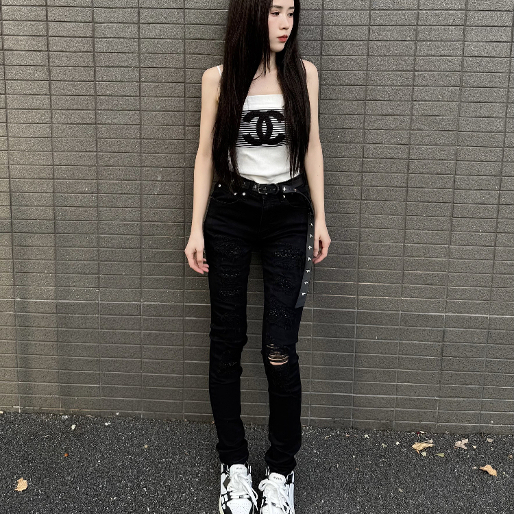 Am Style High Street European and American Fashion Rhinestone Ripped Skinny Jeans Personalized Slim Fit Stretchy Pencil Pants for Men and Women