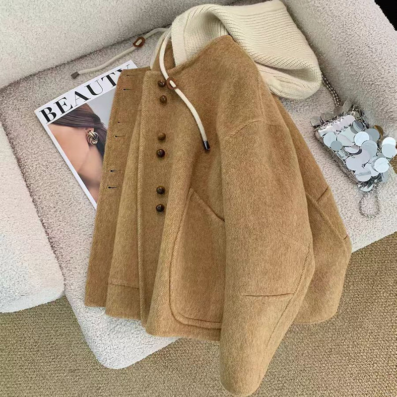 Meila Little Yellow Duck Hooded Double-Sided Wool Coat for Women, Autumn and Winter Short Style, High-End Korean Style Wool Jacket for Petite Women