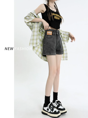 Черная джинсовая юбка, шорты, тонкие штаны, коллекция 2023, А-силуэт, высокая талия