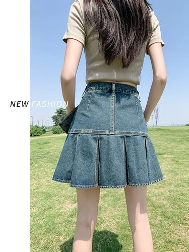 Летняя джинсовая юбка, ретро юбка в складку, высокая талия, А-силуэт