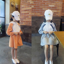Foreign trade Korean childrens clothing 19 winter clothing skin bright orange color combination plus velvet warm waist girl sweater skirt dress dress