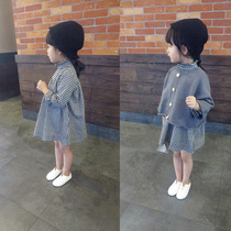 Foreign trade Korean childrens clothing 17 autumn forest system sweet wooden ear side collar fine plaid cotton linen girl dress skirt