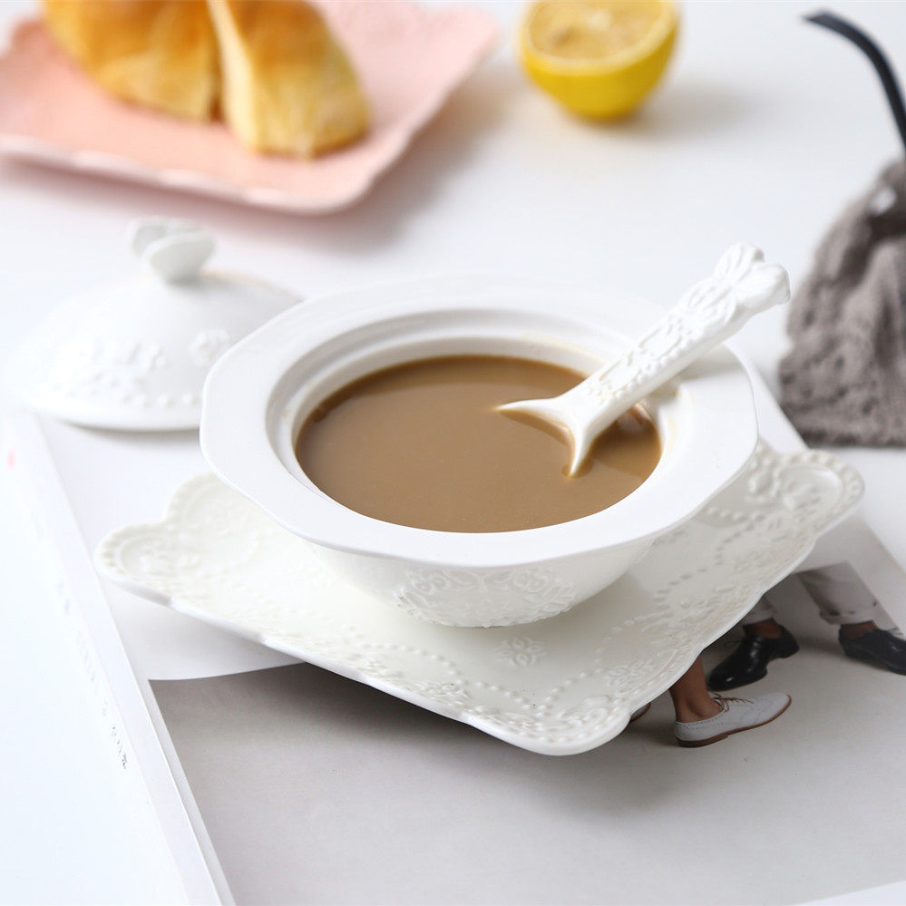 Day Style Relief Ceramic Bowl With Lid Oatmeal Stew Sugar Water Dessert Bowl Pudding Bowl Yogurt Bowl of Steamed Egg Bowl Cereal Bowl