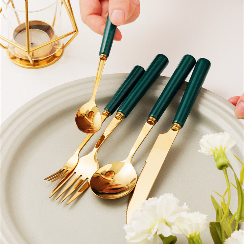Emerald Ceramic Handle Western Food Knives Household Steak Tableware Nordic Court 304 Stainless Steel Knife Fork Spoon Set