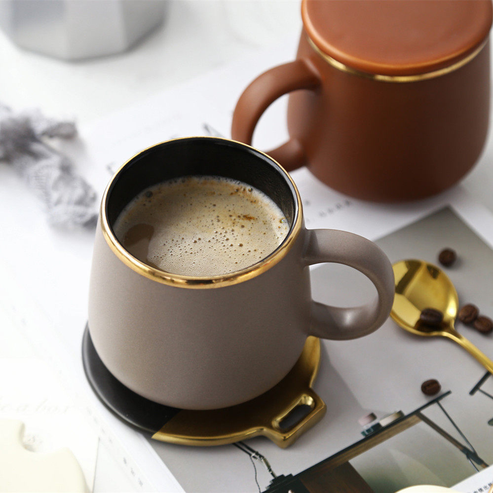 Nordic simple matte Classic gold coffee cup dish Matte ceramic Mug Men's gift with spoon