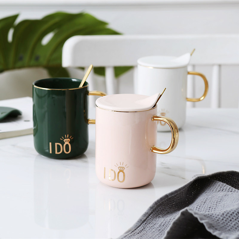 Simple ins bone china coffee cup gold gold mug with lid couple Cup ceramic office Cup