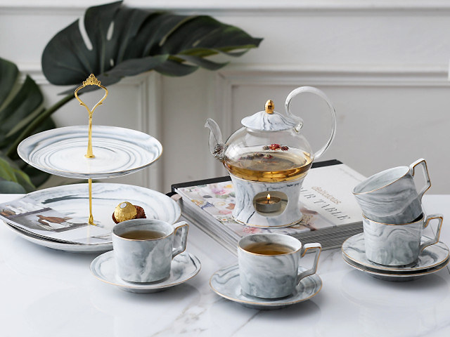 Nordic marble ceramic glass boiled flower teapot Danish fruit pot set English afternoon tea heating flower tea set