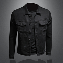 Denim jacket mens slim jacket embroidered denim European and American black jacket embroidered Harley locomotive suit