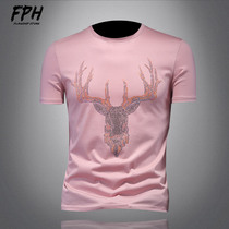 European Standing Silk Light Cotton T-Shirt Male Summer Fashion Tide Sign Round Collar Heavy Work Deer Head Scalding Drill Big Code Short Sleeve Compassionate Man
