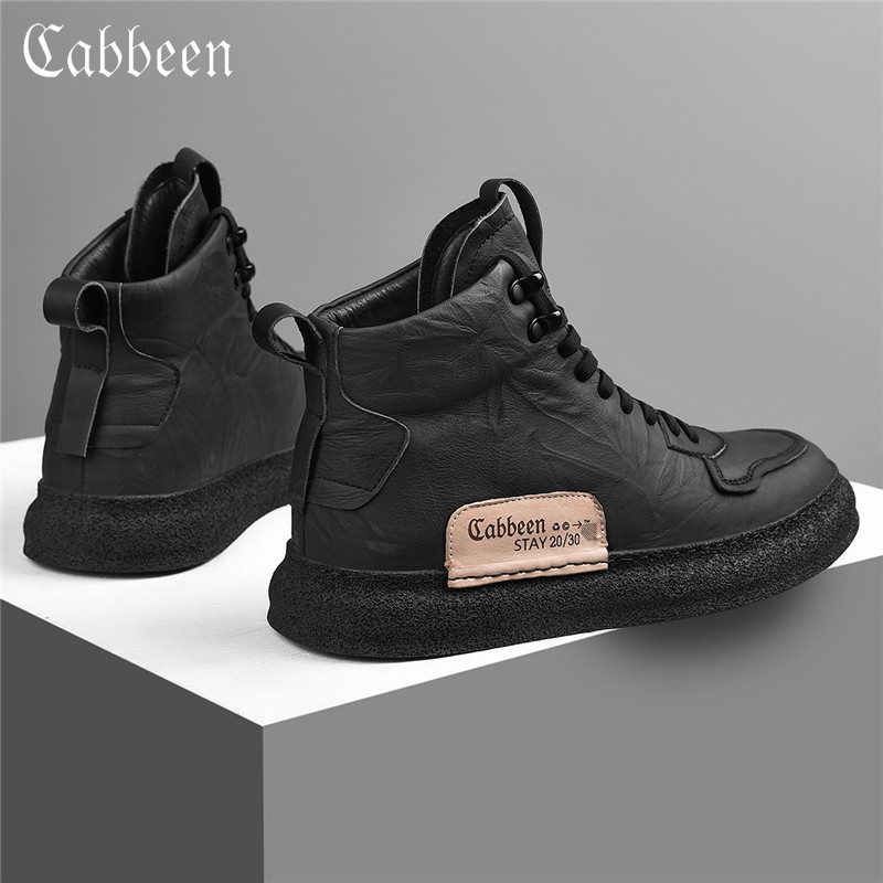 Cabins Genuine Leather High Cylinder Shoes Men's Spring Board Shoes Men Casual Shoes Men Shoes 2022 New Trendy Black Shoes