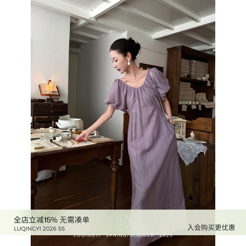 Lu Qingyi Original [Rain Alley] Lyocell Linen Dress for Women, Summer, Puff Sleeves, Multi-Wear, Flowy A-Line Long Dress