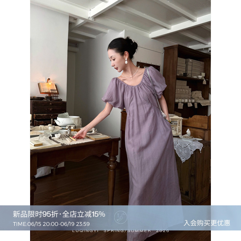 Lu Qingyi Original [Rain Alley] Lyocell Linen Dress for Women, Summer, Puff Sleeves, Multi-Wear, Flowy A-Line Long Dress