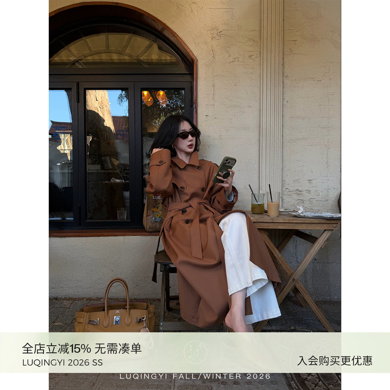 Lu Qingyi Original [Half Sugar] Classic Silhouette Twill Trench Coat for Women, Autumn Turn-Down Collar Long Double-Breasted Jacket