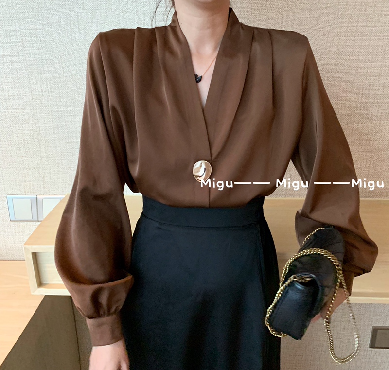 25 Light Luxury Satin Women's Shirt Ol Commuter Style Versatile Slimming Long-Sleeve V-Neck Spring Base Shirt