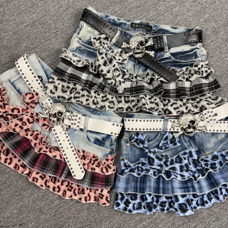 Y2K Vintage Hot Girl Leopard Print Element Plaid Denim Patchwork Low-Waist Short Skirt Women's Summer Retro Outfit Y2K Vintage Hot Girl Leopard Print Element Plaid Denim Patchwork Low-Waist Short Skirt Women's Summer Retro Outfit