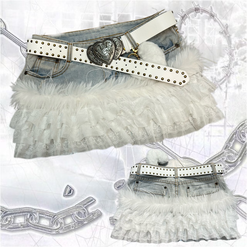 Y2K Millennium Vintage Nana Style White Mesh Lace Plush Denim Patchwork Short Skirt Winter Y2K Millennium Vintage Nana Style White Mesh Lace Plush Denim Patchwork Short Skirt Winter