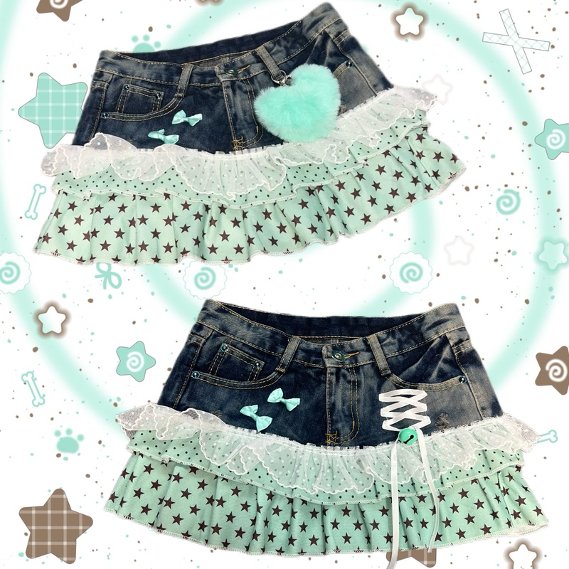 Y2K Vintage Millennial Retro Style Spicy Girl Mint Green Patchwork Denim Mini Skirt