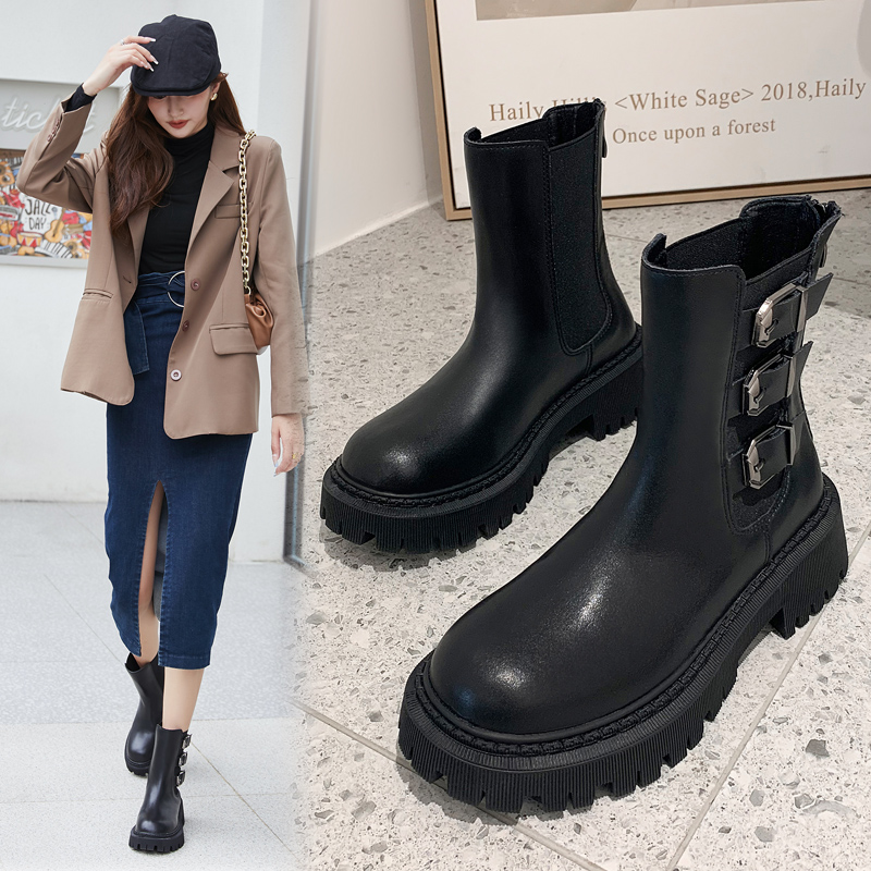 Leather plus velvet Martin boots women's thick bottom British style 2021 autumn and winter new all-match single boots Chelsea short boots