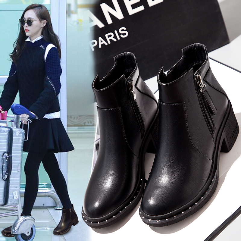 Genuine leather Martin boots female Inn Wind Han version 100 lap autumn winter coarse heel net red short boots High heel slim boot female