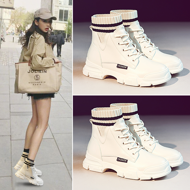 Tide brand leather leather boots women 2021 autumn and winter New Korean trendy shoes Net red wild English style short boots women's shoes