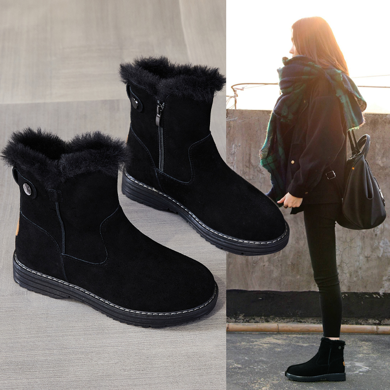 Real leather snow ground boots woman 2021 new 100 hitch plus suede thickened cotton boot short cylinder boots cotton shoes Winter women's shoes