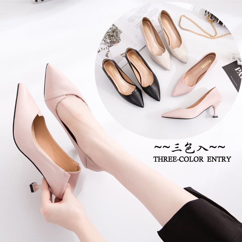 2021 new spring stiletto leather high-heeled shoes women's pointed toe mid-heel cat heel all-match professional work shoes