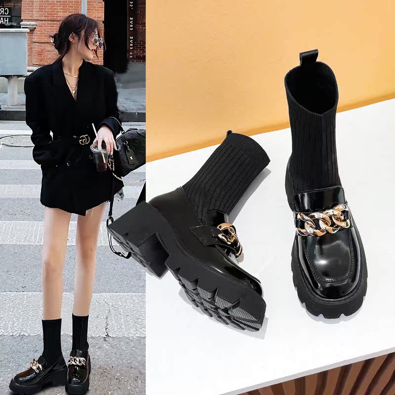Leather Martin boots women's autumn and winter new elastic thin socks boots inner heightened thick bottom British style short boots single boots