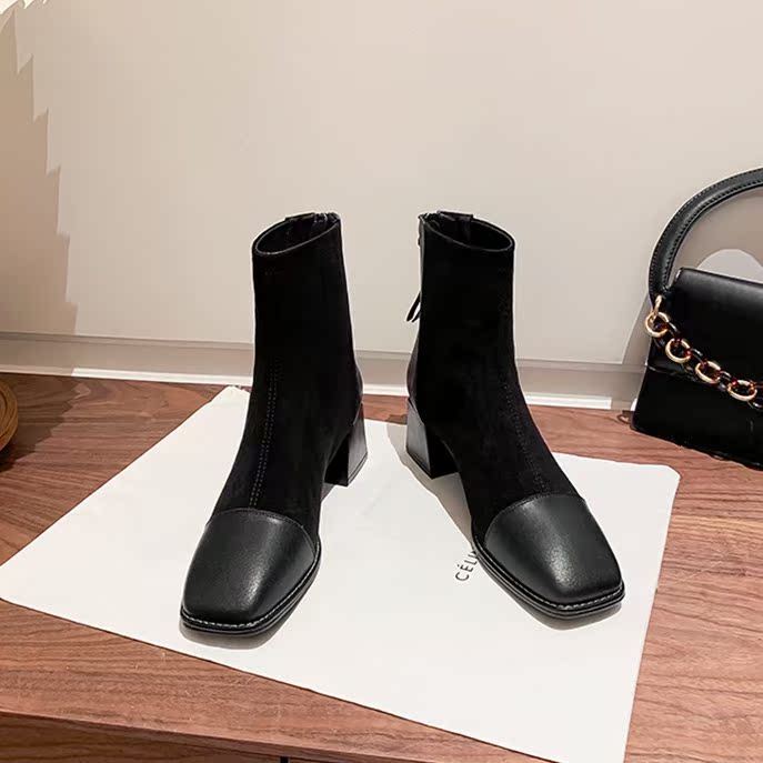 Real leather coarse heel short boots woman 2021 new autumn and winter high heel square head single boot frosted Martin slim boot