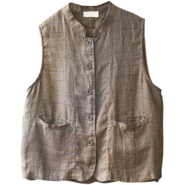 2024 ວັນນະຄະດີ Retro Casual Versatile Linen Houndstooth Short Vest Jacket Stand Collar Vest Dyed Woven Linen Vest