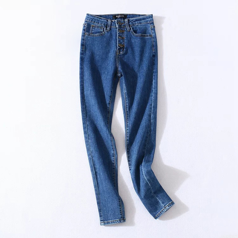 Navy BlueKLIOU   High waist Jeans female Show thin Significantly high Tight fitting Pencil Pants Button Sense of design Minority Salt system Casual pants