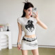 KLIOU sports ins personalized printed short navel-baring round neck T-shirt slimming high waist hip skirt two-piece set