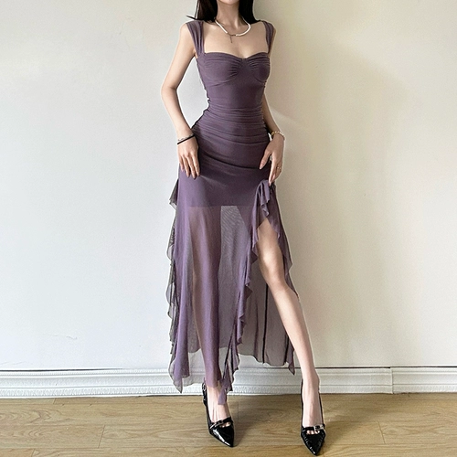 KLIOU Чисто сексуальное женское лоскутное платье с рюшами в стиле горячей девушки, утягивающая талия и длинная юбка с высоким разрезом