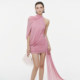 KLIOU socialite light luxury retro design pleated half-high collar dress women's streamer slimming hip short skirt trendy