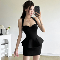 KLIOU Young and mature lady-style black halterneck dress for women with slim design, pinch waist and hip skirt, short skirt