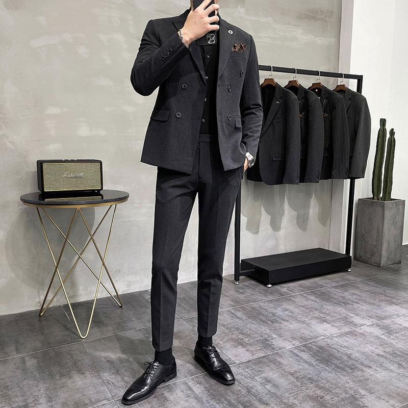 Double-row buckle handsome fashion Trend High feeling suit Men's suit Youth Korean version S-up and casual business Western suit