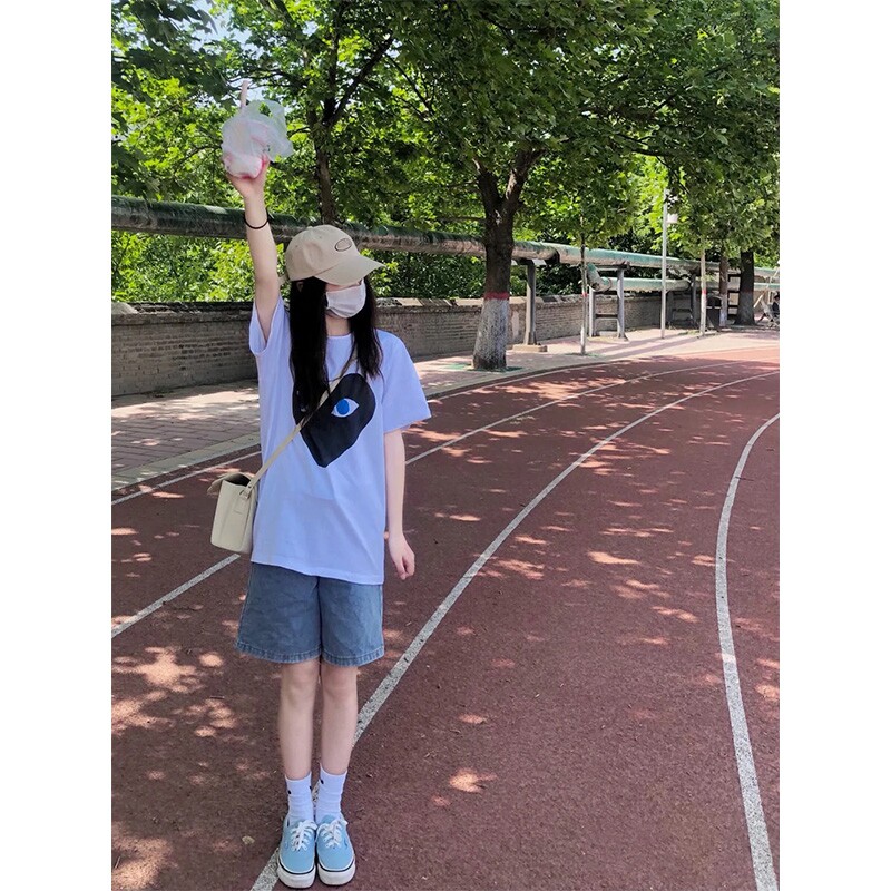 White T-shirt denim shorts two-piece college style pure sweet little girl student sports suit summer