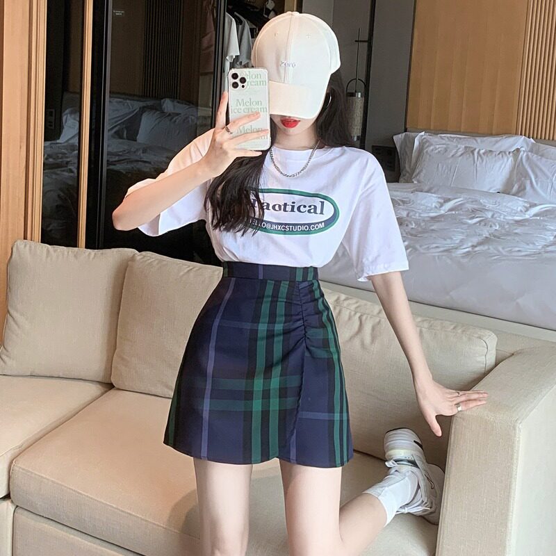 Letter T-shirt plaid skirt two-piece net red salt fried street small can salt can sweet casual suit skirt summer