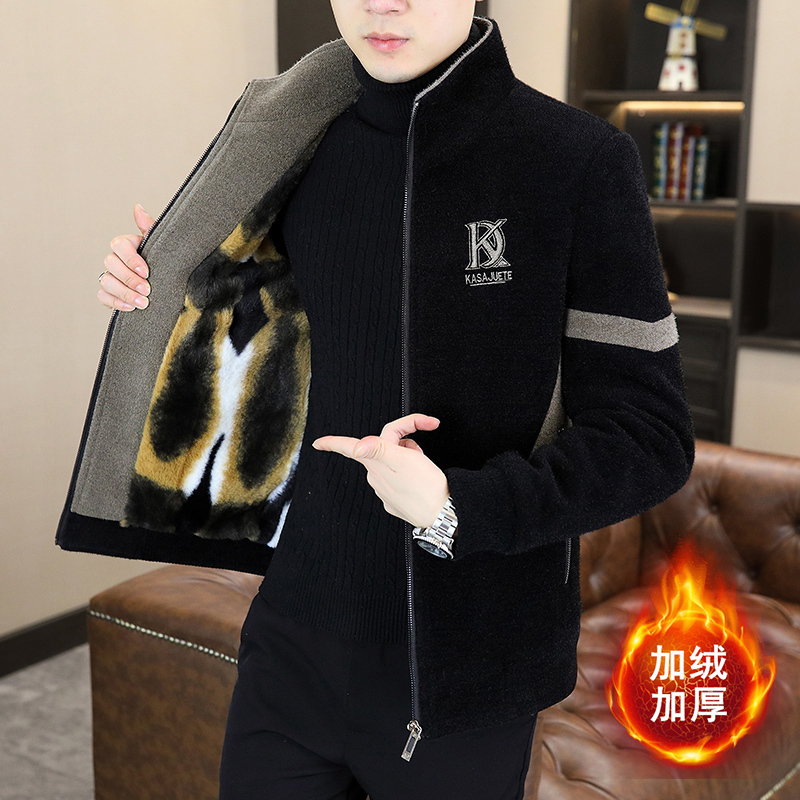 Woodpecker Men's Winter New Jacket Stand Collar Casual Fleece-Lined Thickened Short Gold Mink Wool Coat Woodpecker Men's Winter New Jacket Stand Collar Casual Fleece-Lined Thickened Short Gold Mink Wool Coat