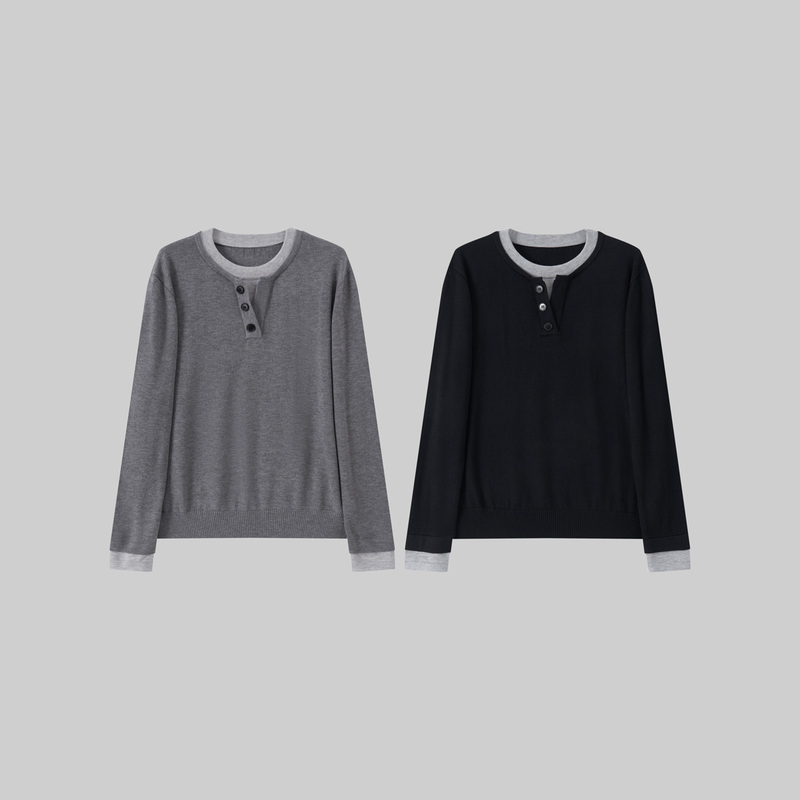 Cat and Mouse 25Aw Anti-Pilling Wool Blend Henry Collar Fake Two-Piece Knit Sweater for a Lazy, Everyday Commute Cat and Mouse 25Aw Anti-Pilling Wool Blend Henry Collar Fake Two-Piece Knit Sweater for a Lazy, Everyday Commute