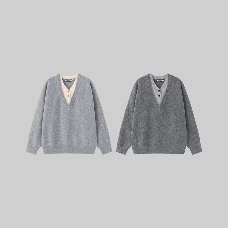 Cat and Mouse 25Aw Wool Blend Faux Two-Piece V-Neck Sweater Casual Button Pullover Knitwear Cleanfit