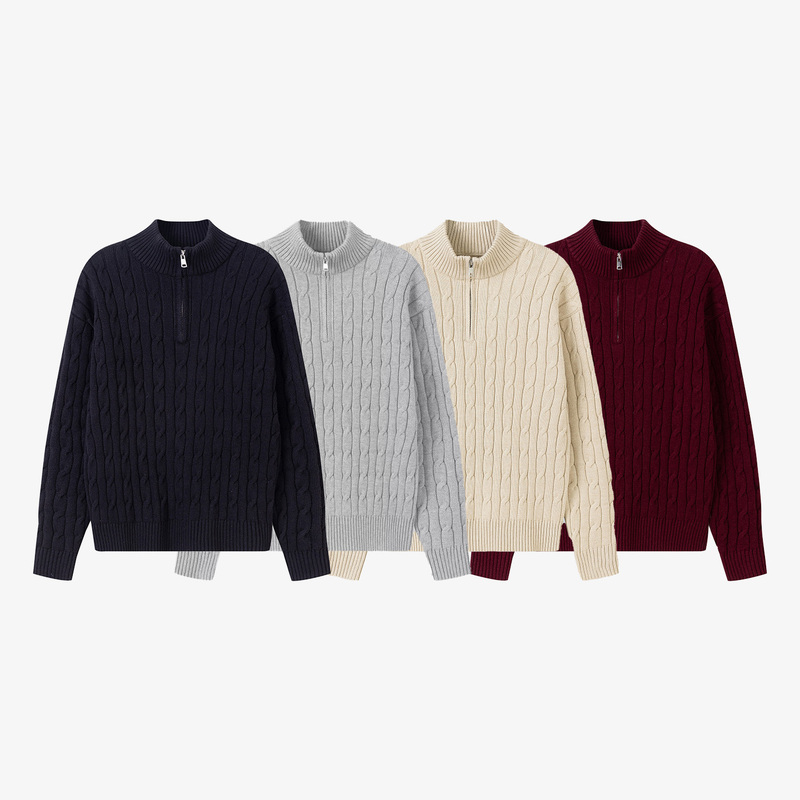 Cat and Mouse Modal Twisted Cable Knit Half-Zip Sweater, Lazy Old Money Style, Warm and Thick Cat and Mouse Modal Twisted Cable Knit Half-Zip Sweater, Lazy Old Money Style, Warm and Thick